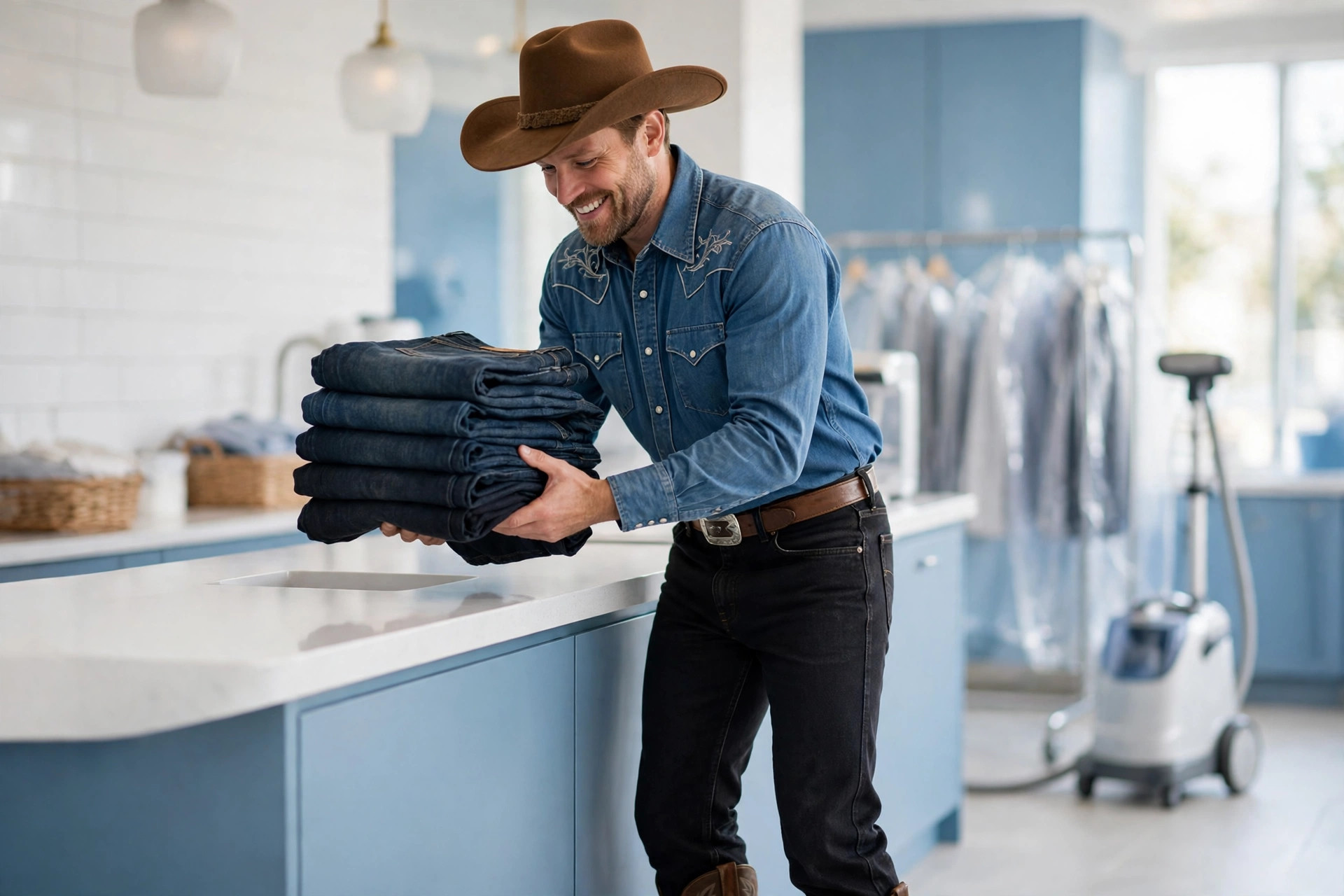 Cowboy wearing heavily starched jeans with a sharp crease, picking up his cleaned jeans at WaterStone Cleaners