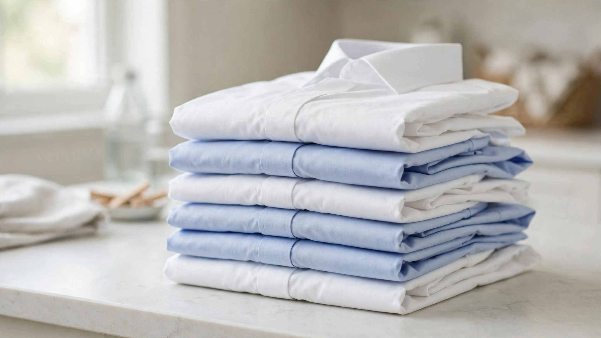 Crisply pressed and folded laundered dress shirts at WaterStone Cleaners