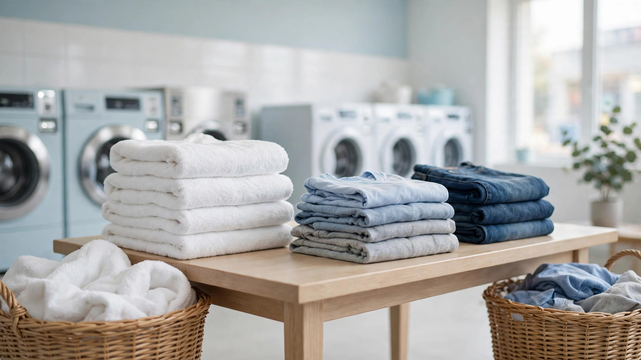 Fresh wash and fold laundry, neatly folded at WaterStone Cleaners