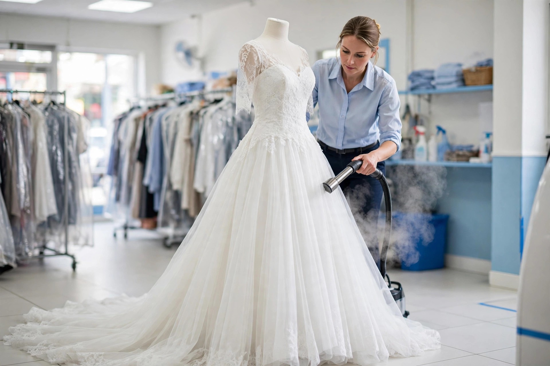 WaterStone Cleaners team member hand-finishing a complete wedding gown
